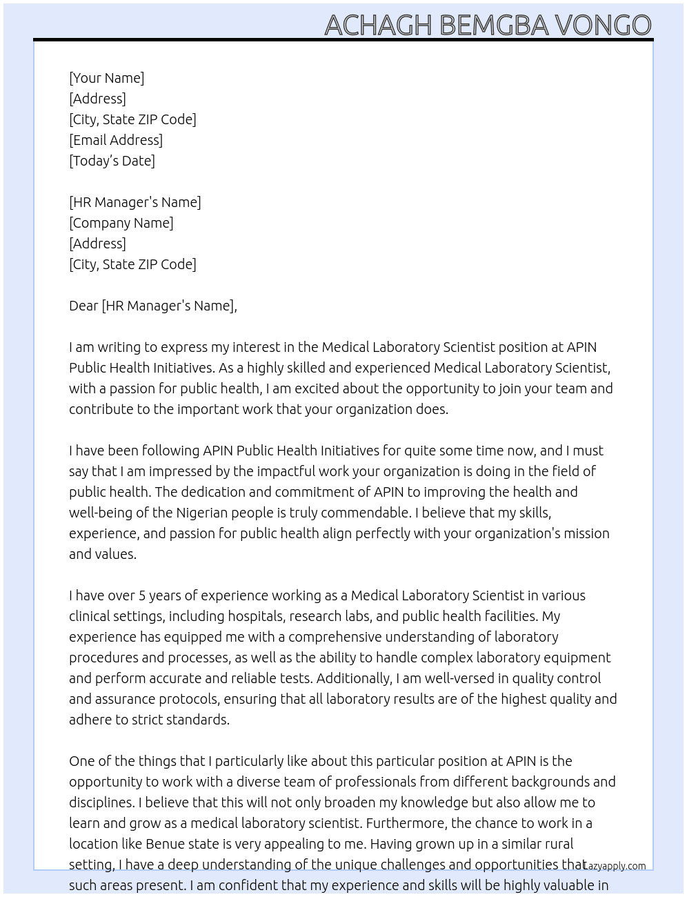 Medical Laboratory Scientist At APIN public Health Initiatives. Cover Letter