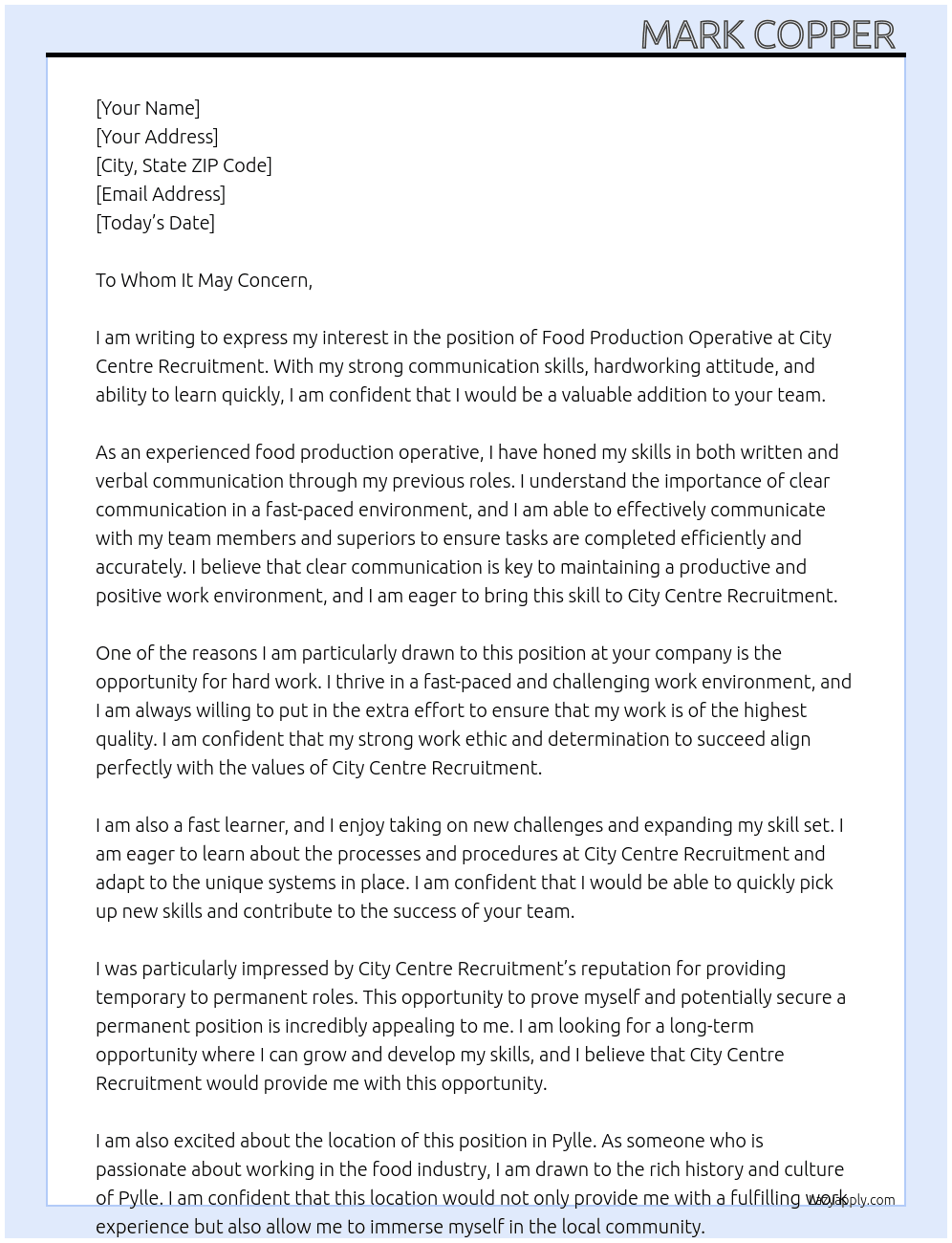 Food production operative At City centre recruitment  Cover Letter