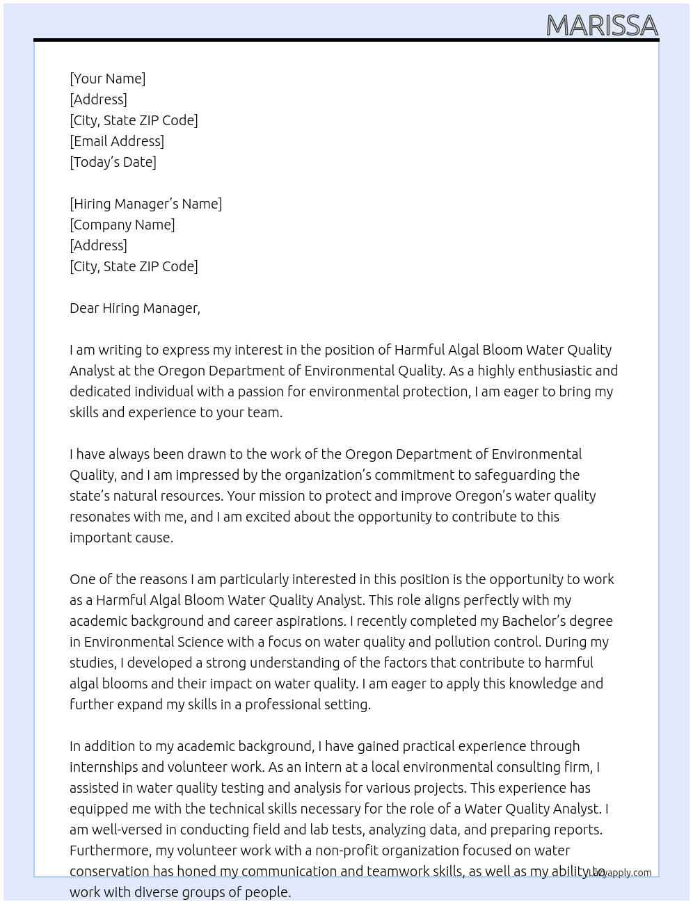 Harmful Algal Bloom Water Quality Analyst At Oregon Department of Environmental Quality  Cover Letter