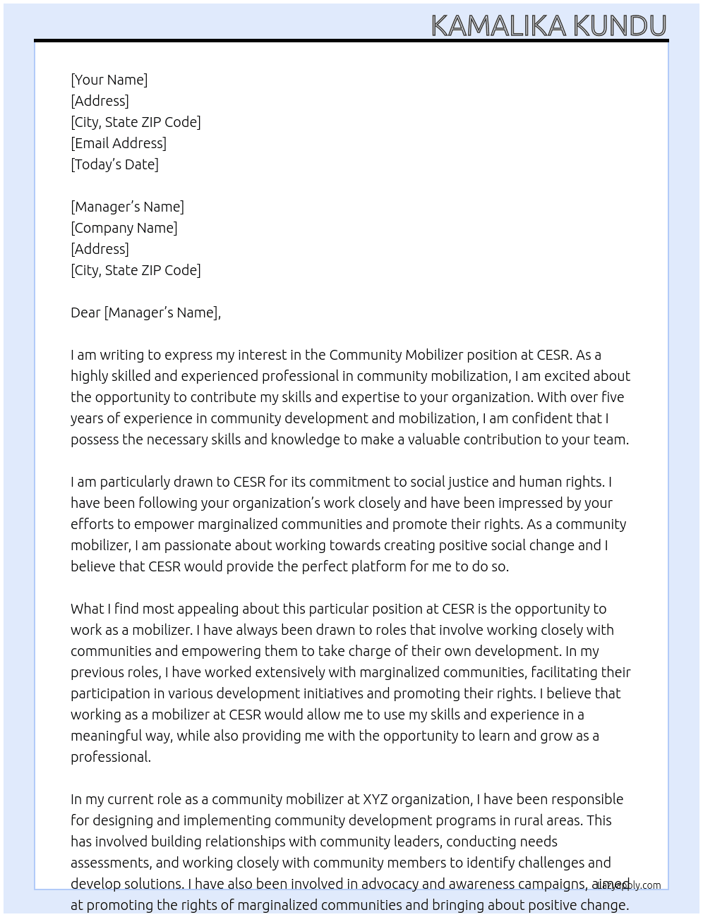 Community mobilizer At Cesr Cover Letter