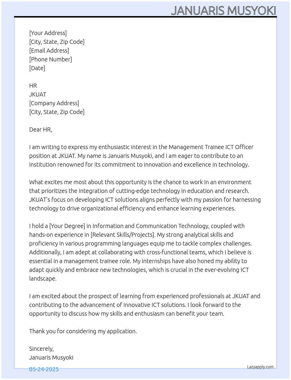 management trainee ICT officer At jkuat Cover Letter