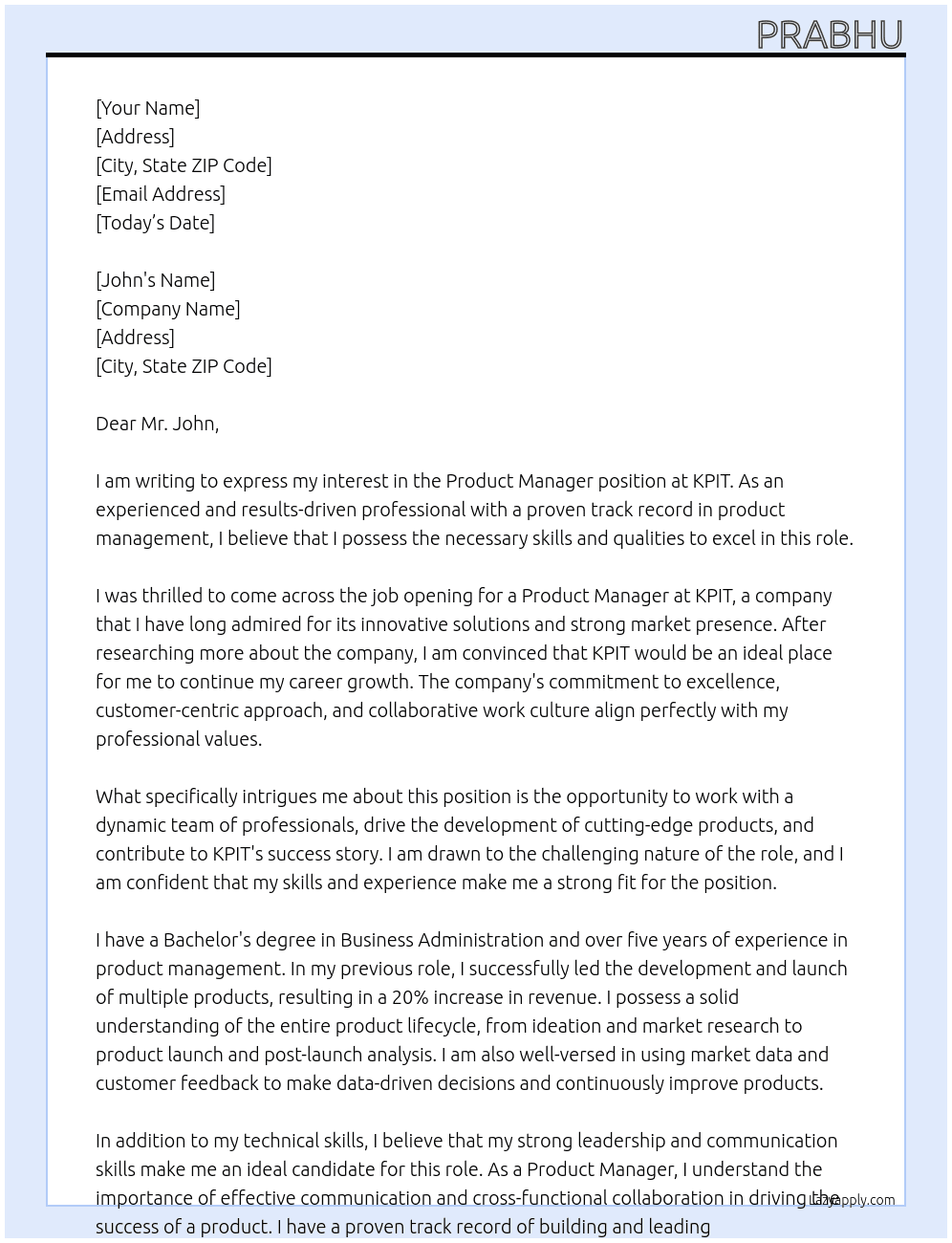 Product manager At KPIT Cover Letter
