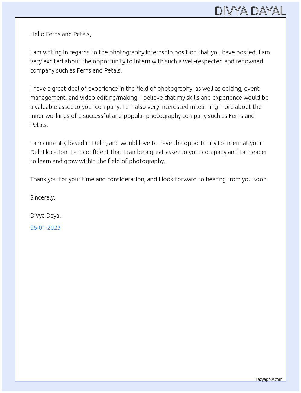 photography inernship At Fern N Petals Cover Letter