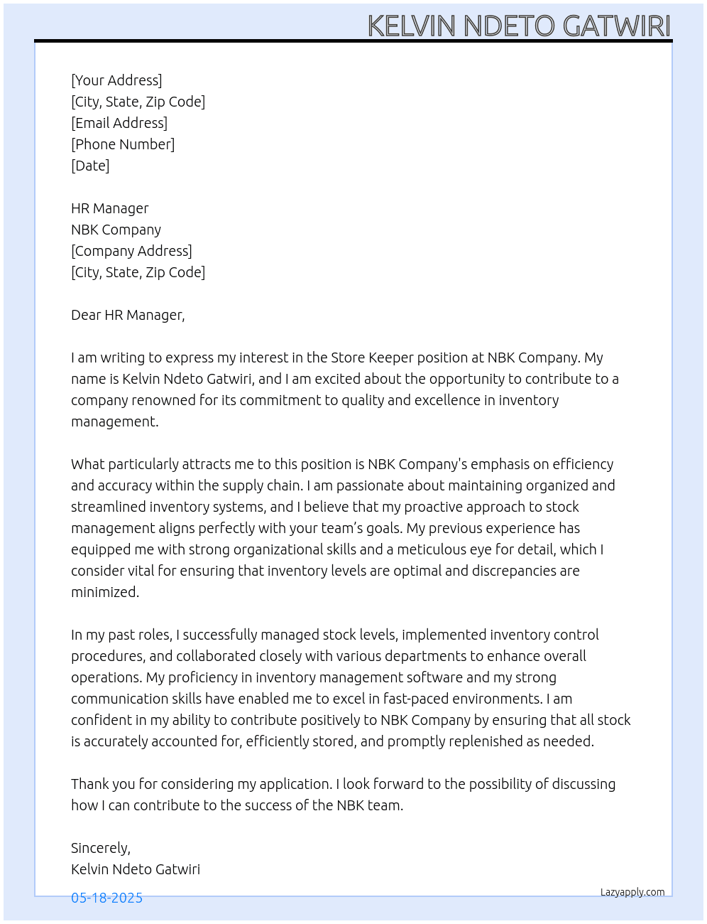 STORE KEEPER At NBK COMPANY Cover Letter