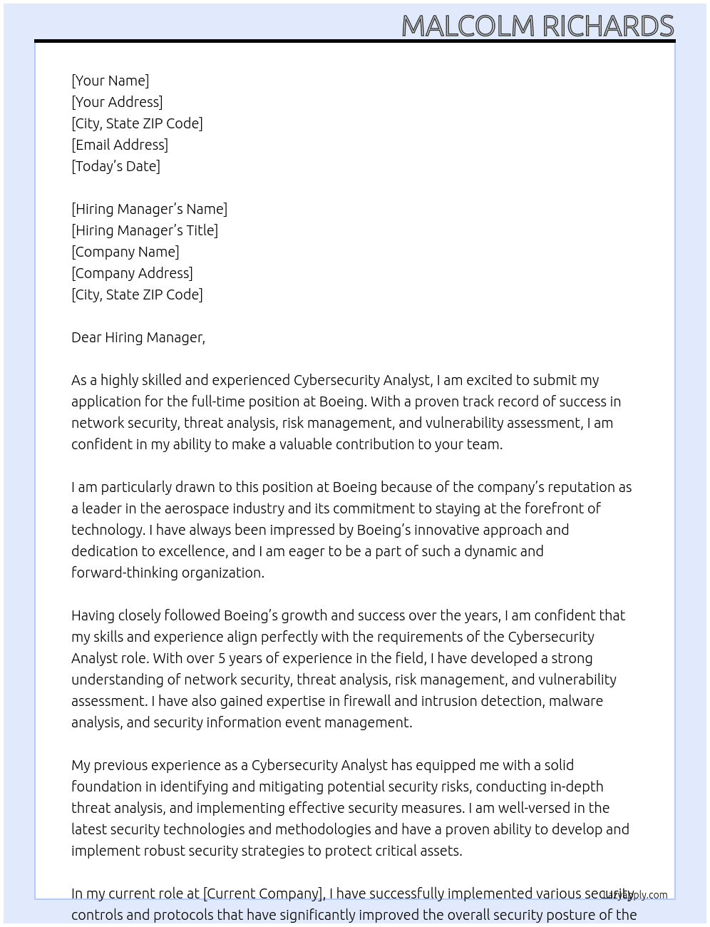 Cybersecurity Analyst At Boeing Cover Letter