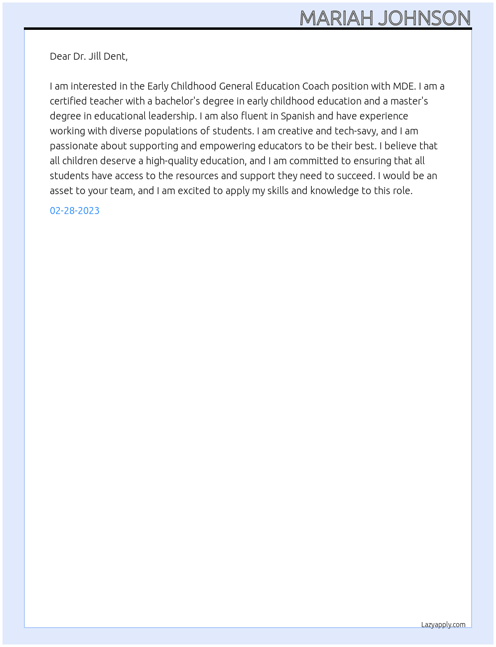  Early Childhood General Education Coaches At MDE Cover Letter