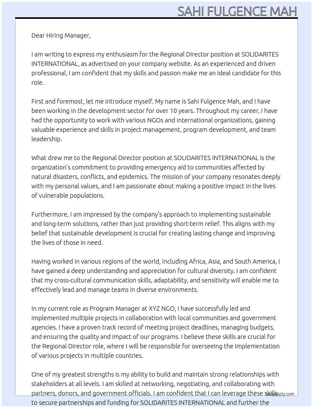 Regional Director At SOLIDARITES INTERNATIONAL Cover Letter
