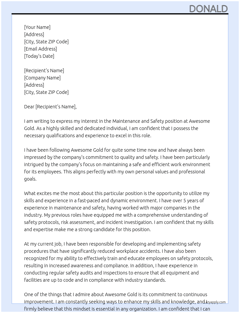Maintenance and safety  At Awesome gold Cover Letter