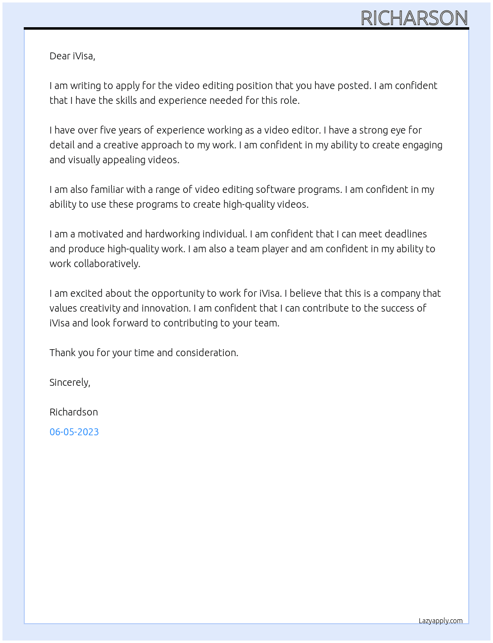 Video editing  At iVisa Cover Letter
