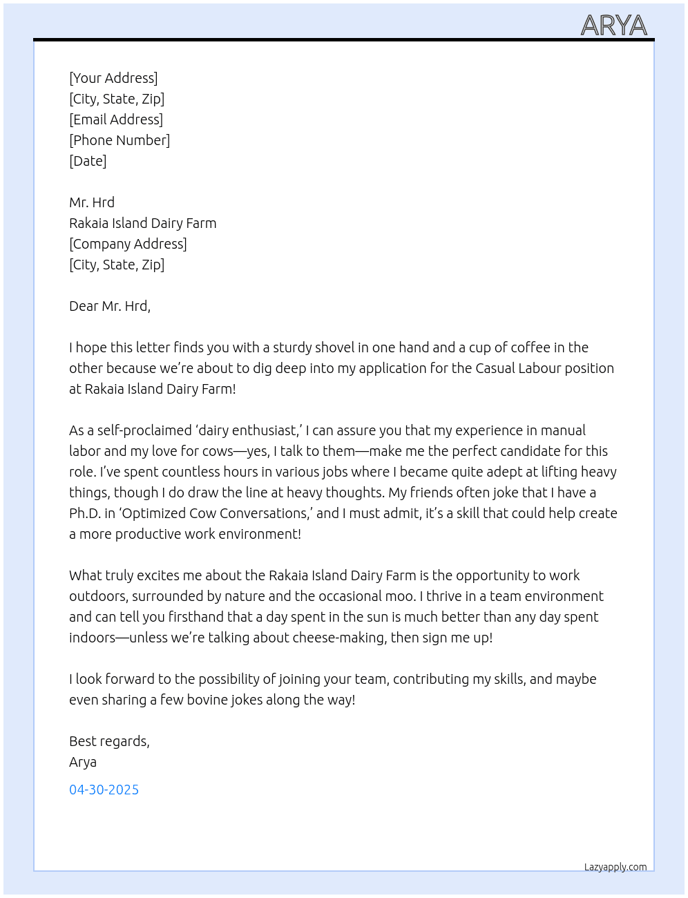 Casual Labour At Rakaia Island Dairy Farm Cover Letter