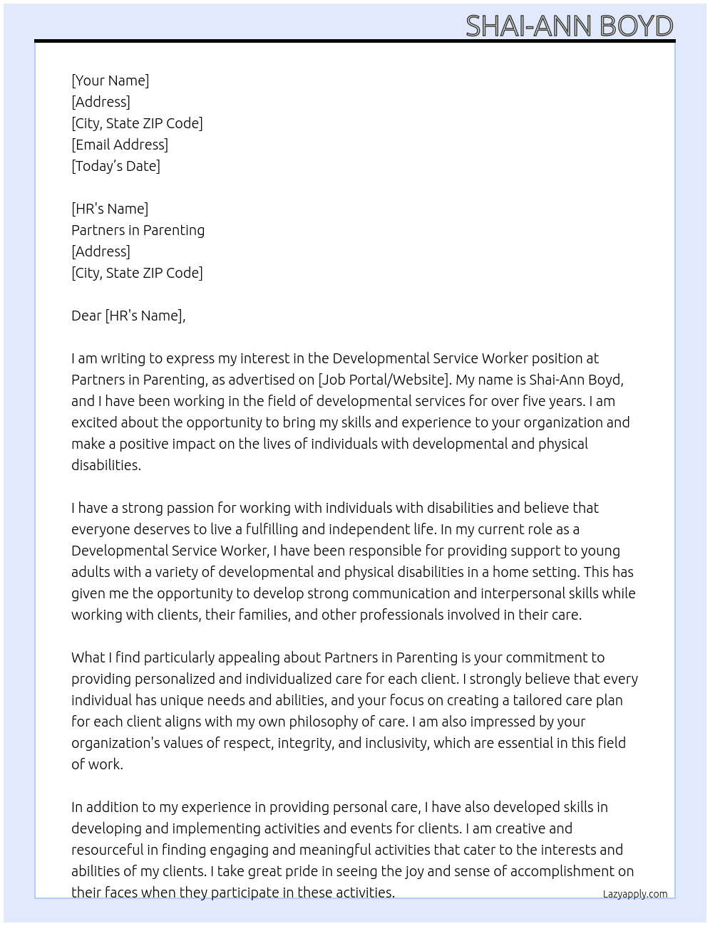 Developmental service Worker  At Partners in Parenting  Cover Letter