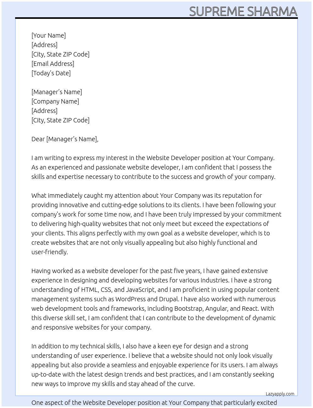 Website developer At Your company Cover Letter