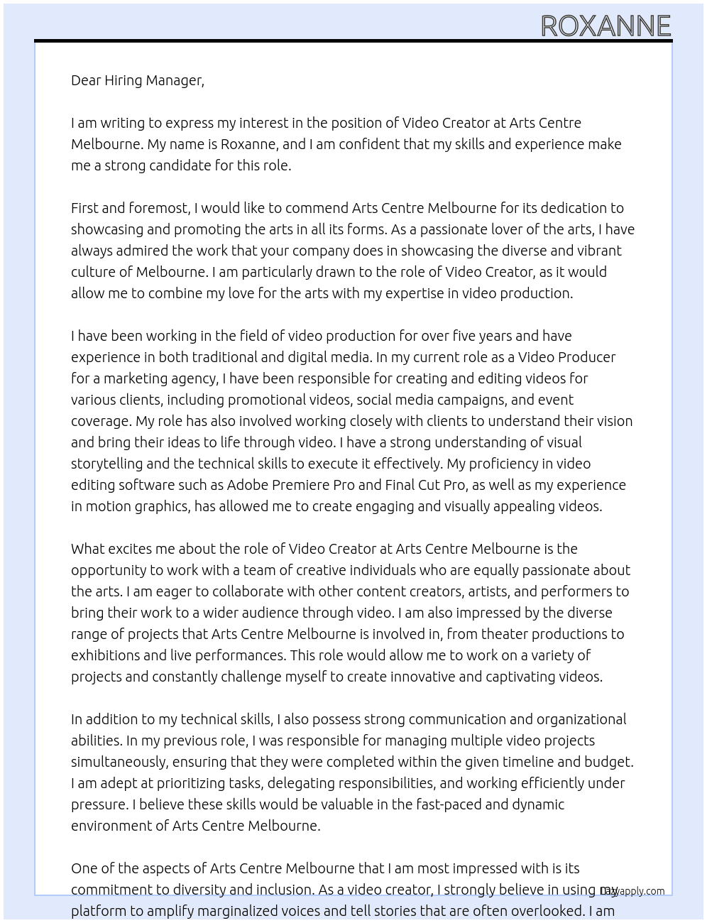 Video Creator At Arts Centre Melbourne Cover Letter