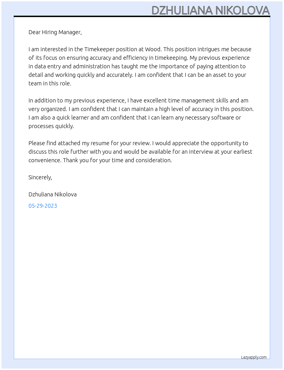 Timekeeper At Wood Cover Letter