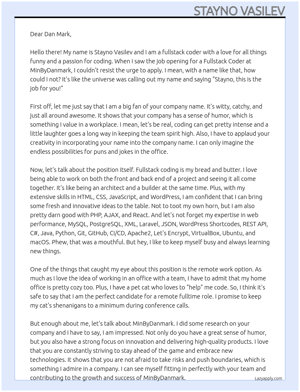 Fullstack coder At MinByDanmark Cover Letter