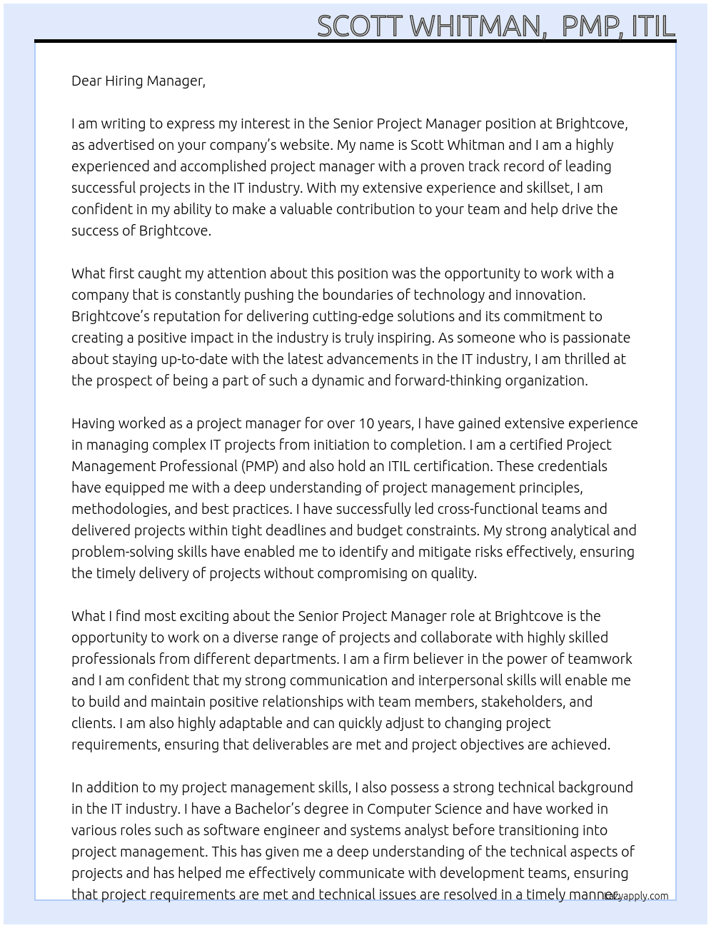 Senior Project Manager At Brightcove Cover Letter