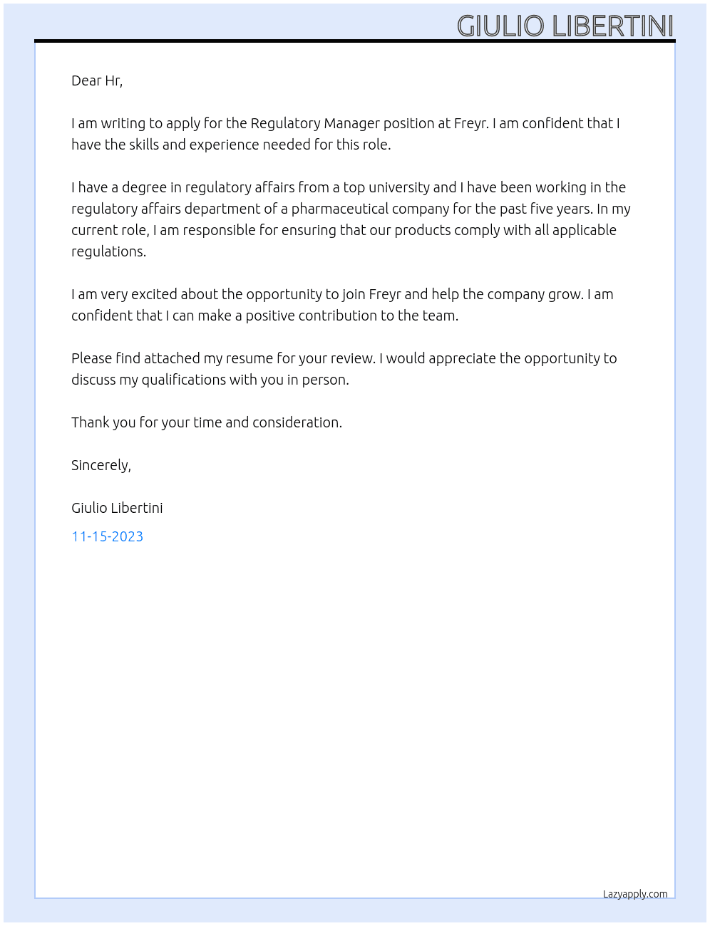 Regulatory Manager At Freyr Cover Letter