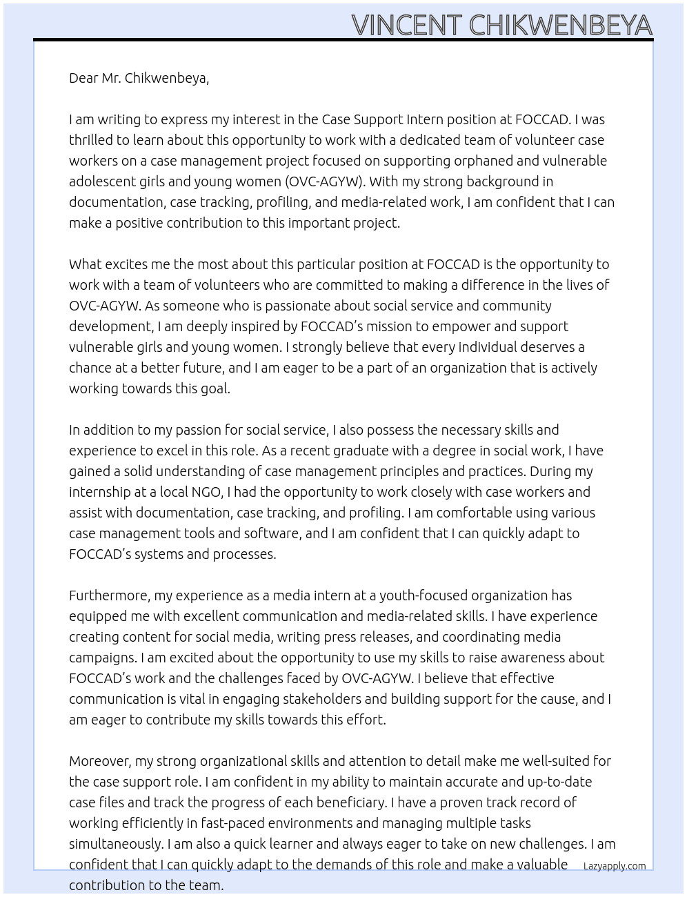 Case Support Intern At FOCCAD Cover Letter
