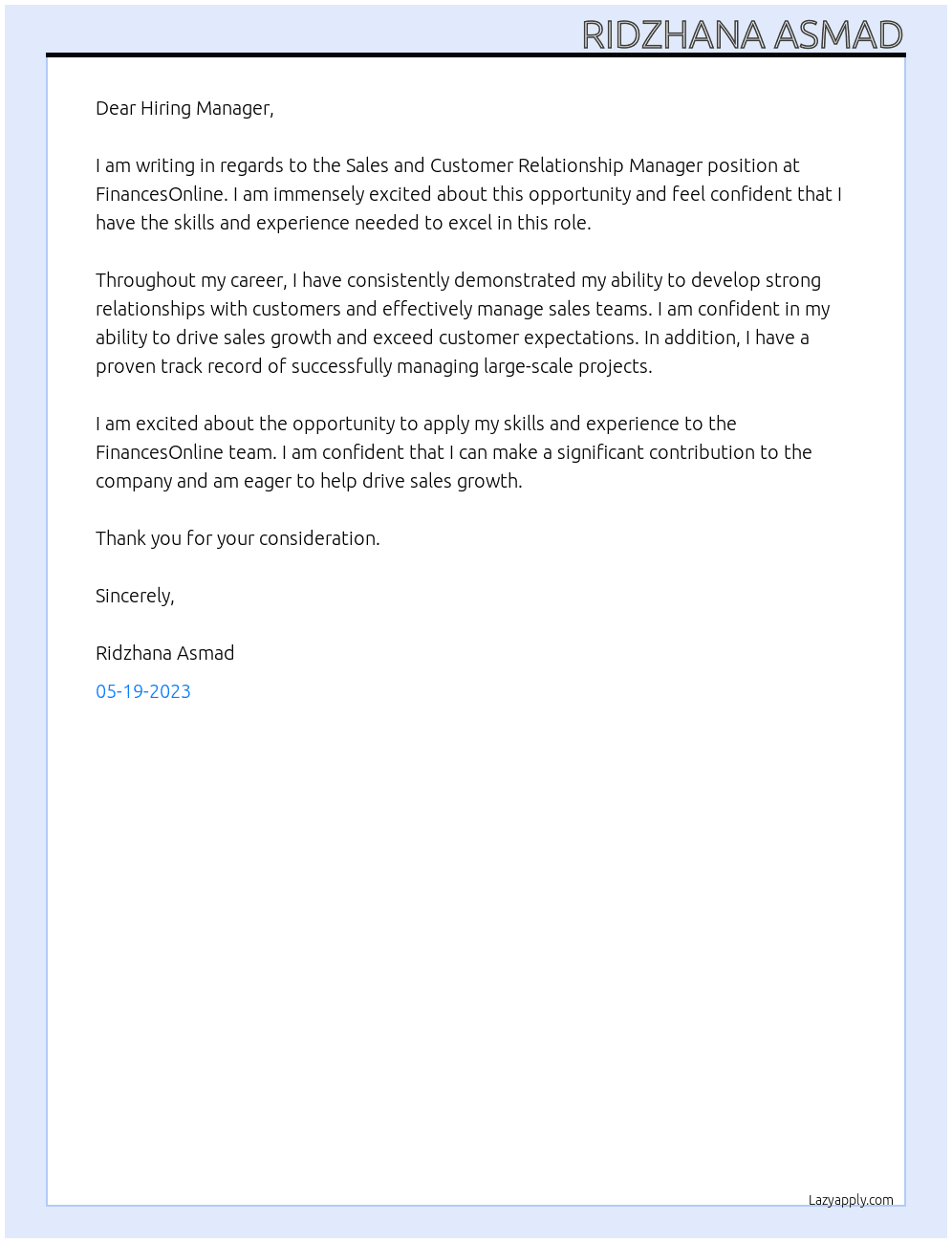 Sales and Customer Relationship Manager At FinancesOnline Cover Letter