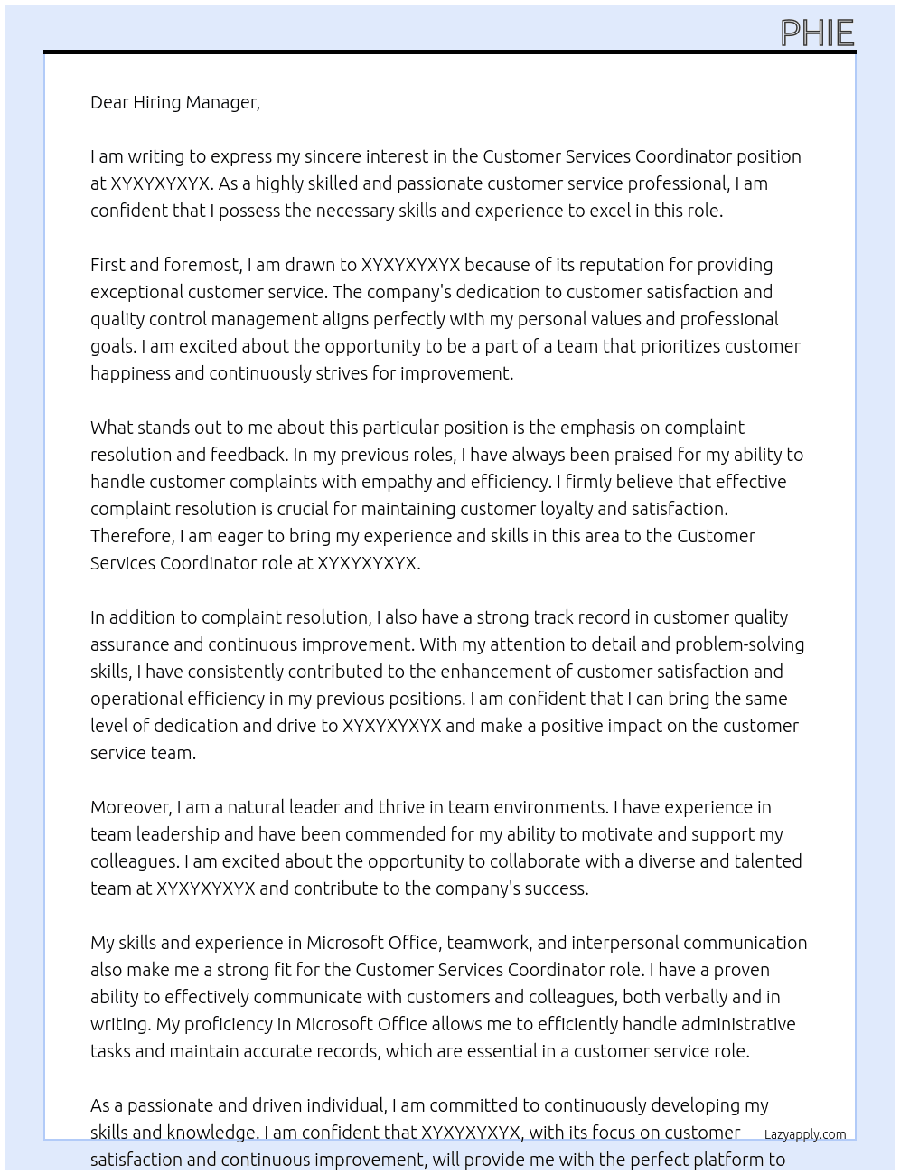 Customer Services Coordinator At XYXYXYXYX Cover Letter