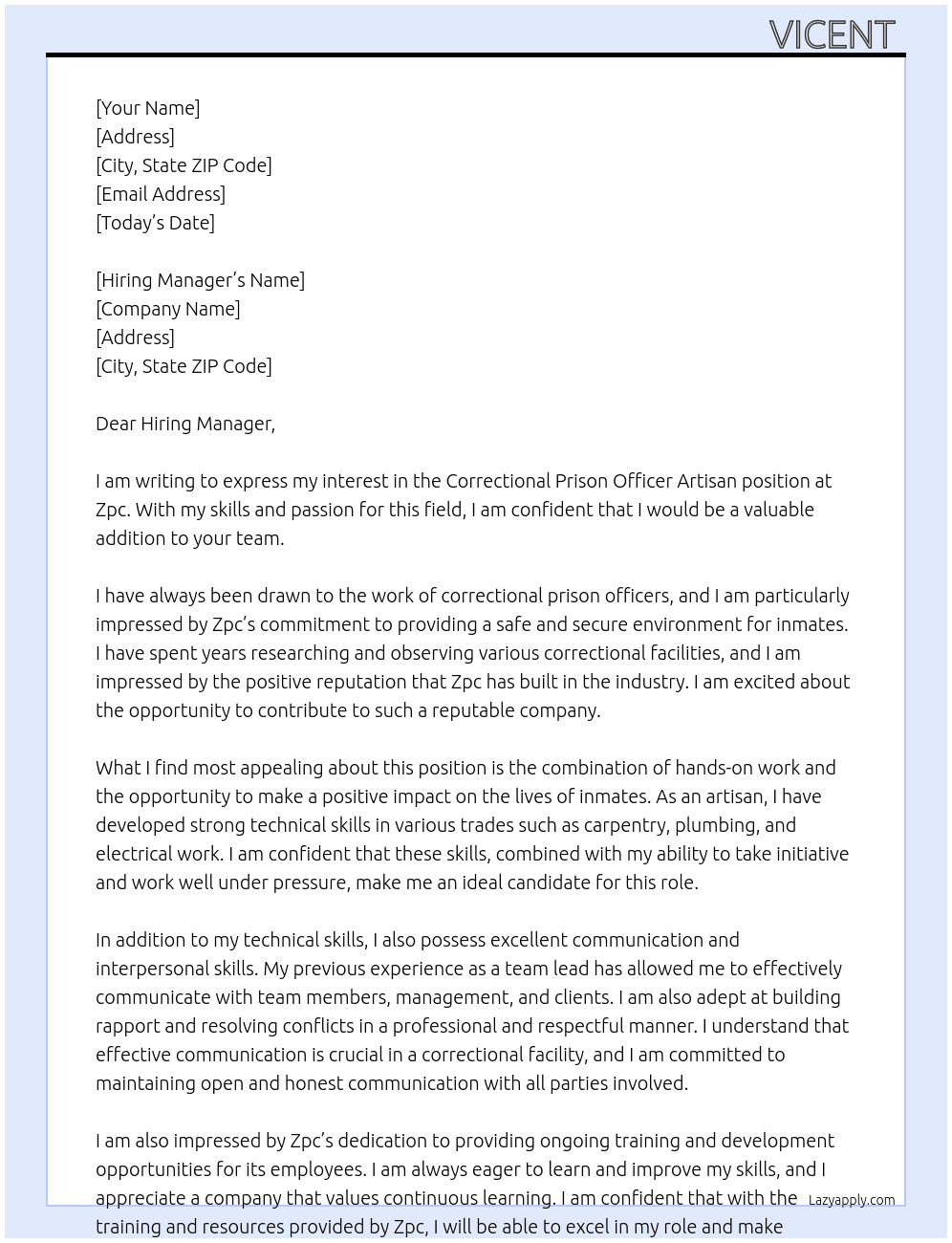 Cover letter for correctional prison officer artisan - LazyApply