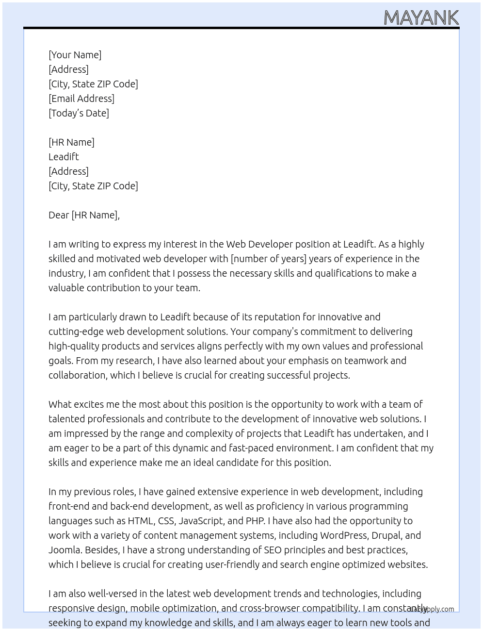 Web Developer At leadift Cover Letter