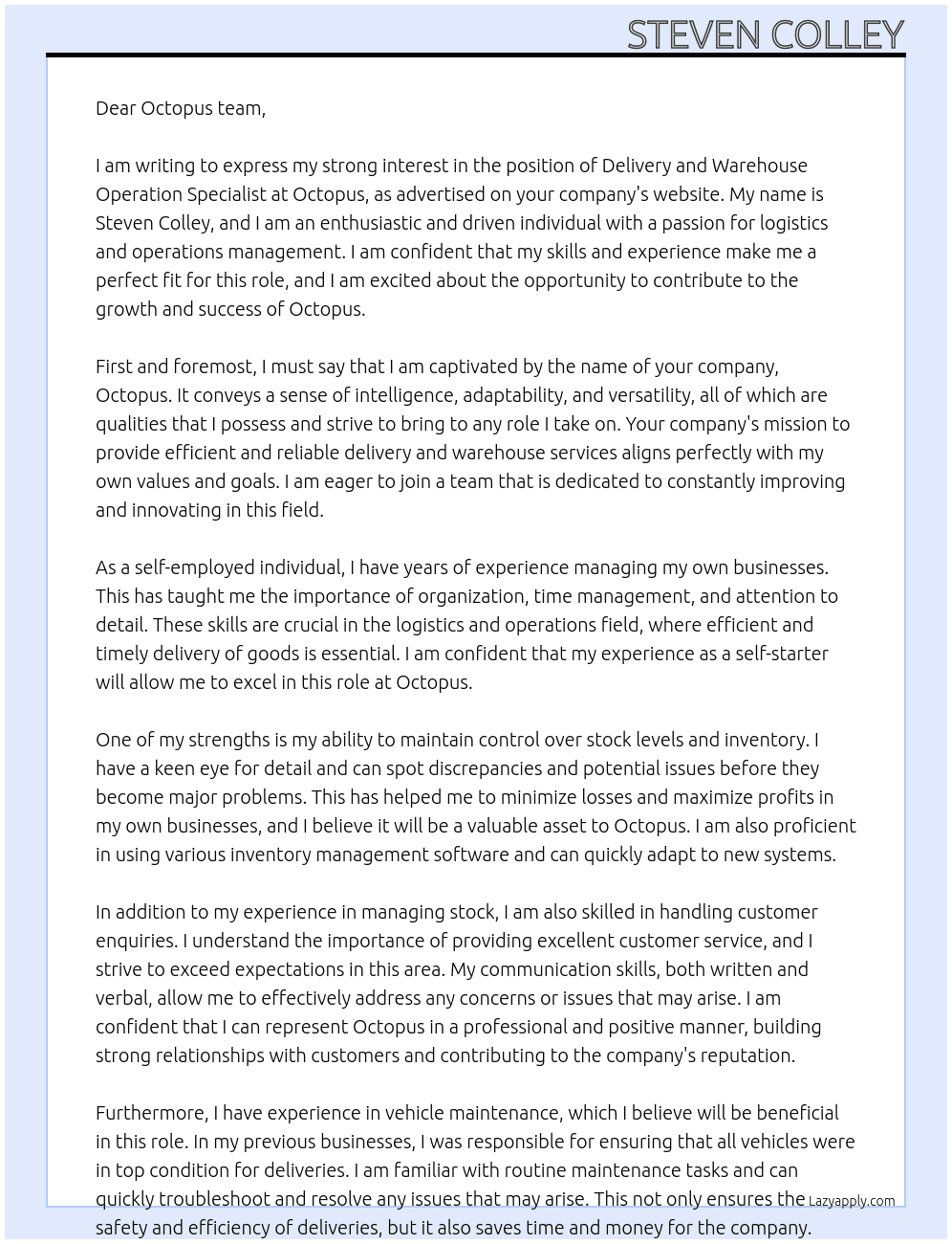 Delivery and warrhouse operation specialist  At Octopus  Cover Letter