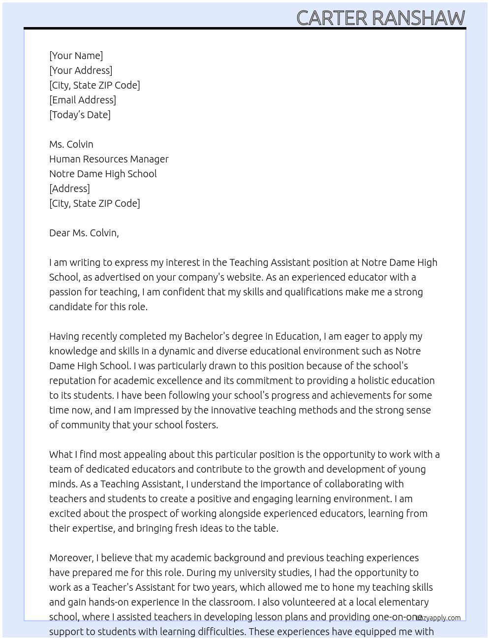 Teaching Assistant At Notre Dame High School Cover Letter