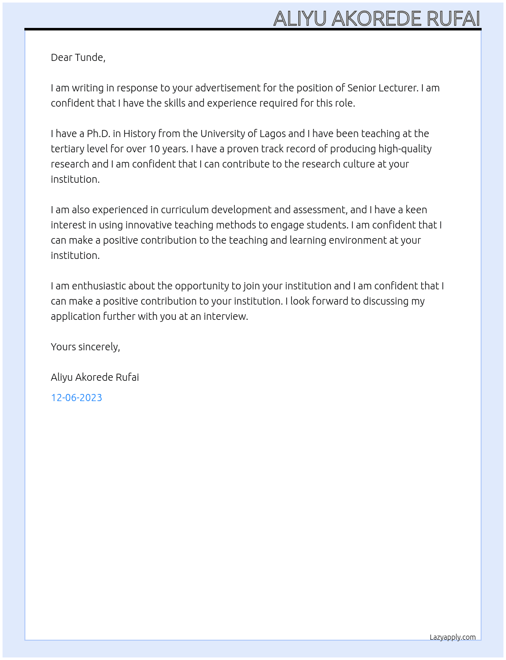 Lecturer At Senior Lecturer Cover Letter