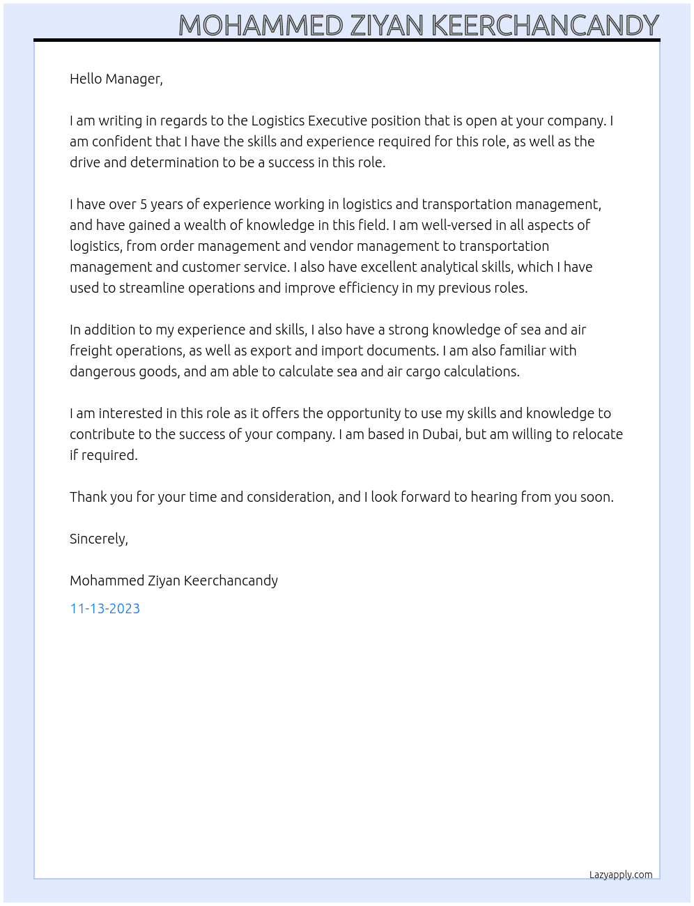 Logistics Executive At . Cover Letter