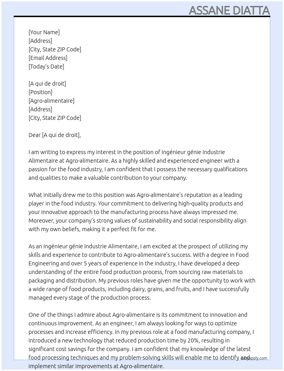 Ingénieur génie Industrie Alimentaire At Agro-alimentaire Cover Letter