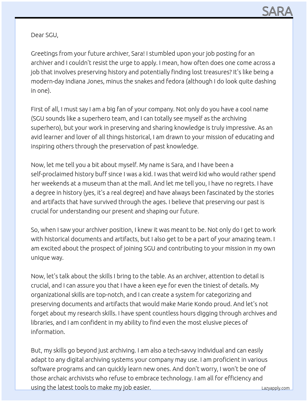 archiver At SGU Cover Letter