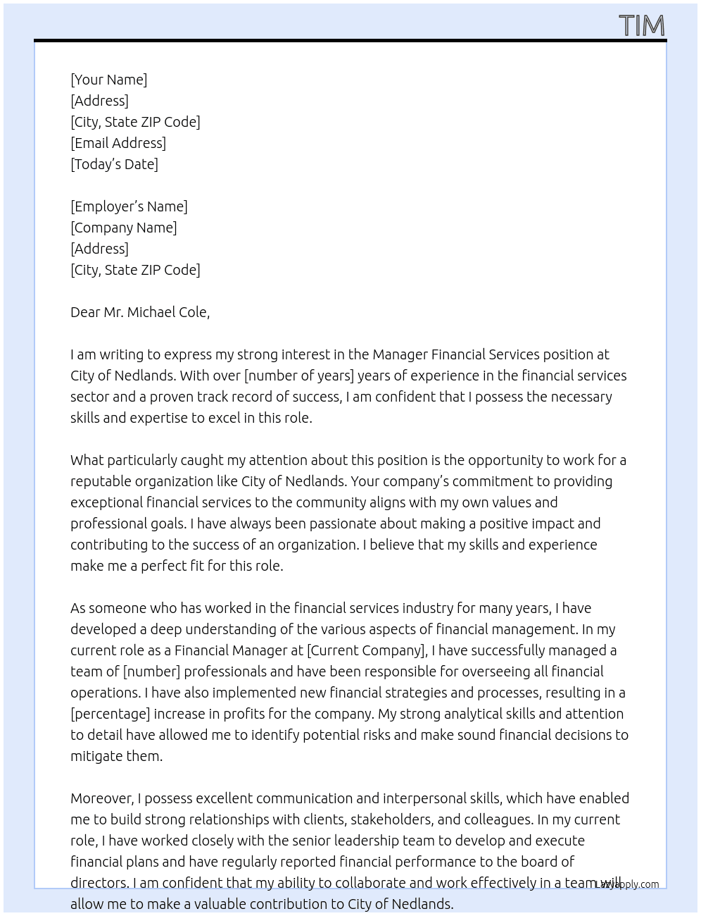 Manager Financial Services At City of Nedlands Cover Letter