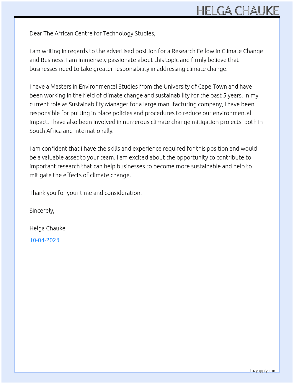 Research Fellow - Climate Change and Business At The African Centre for Technology Studies  Cover Letter