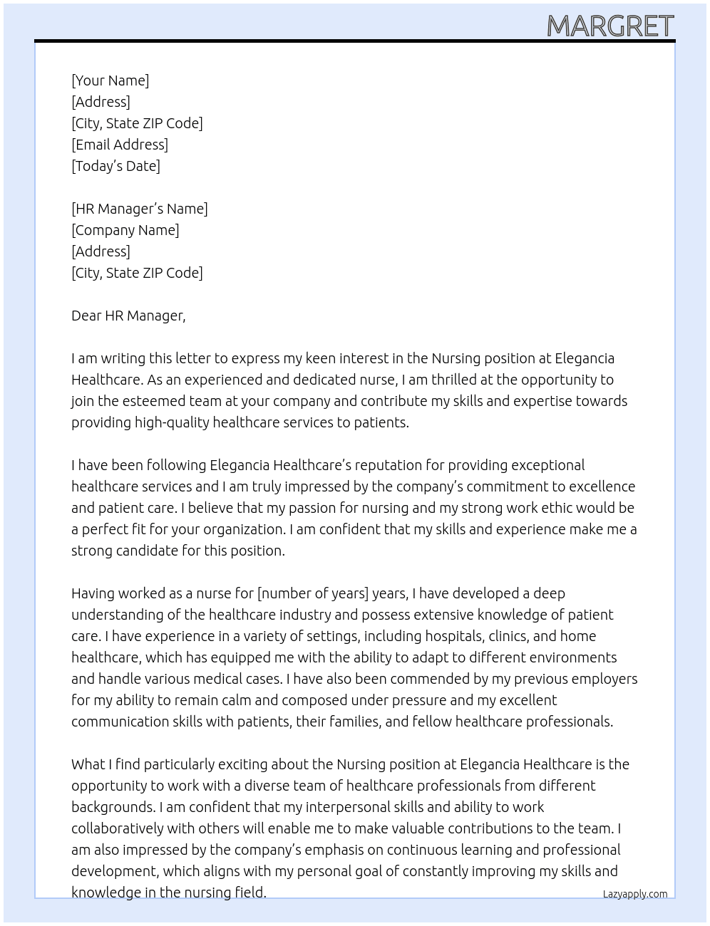 Nursing At elegancia healthcare Cover Letter