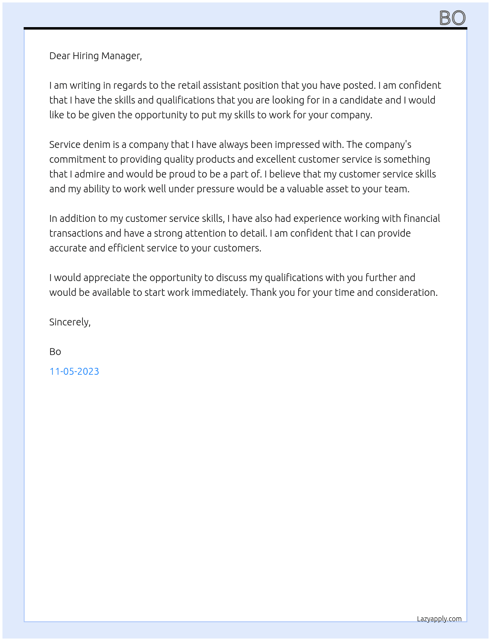 retail assistant  At Service denim Cover Letter