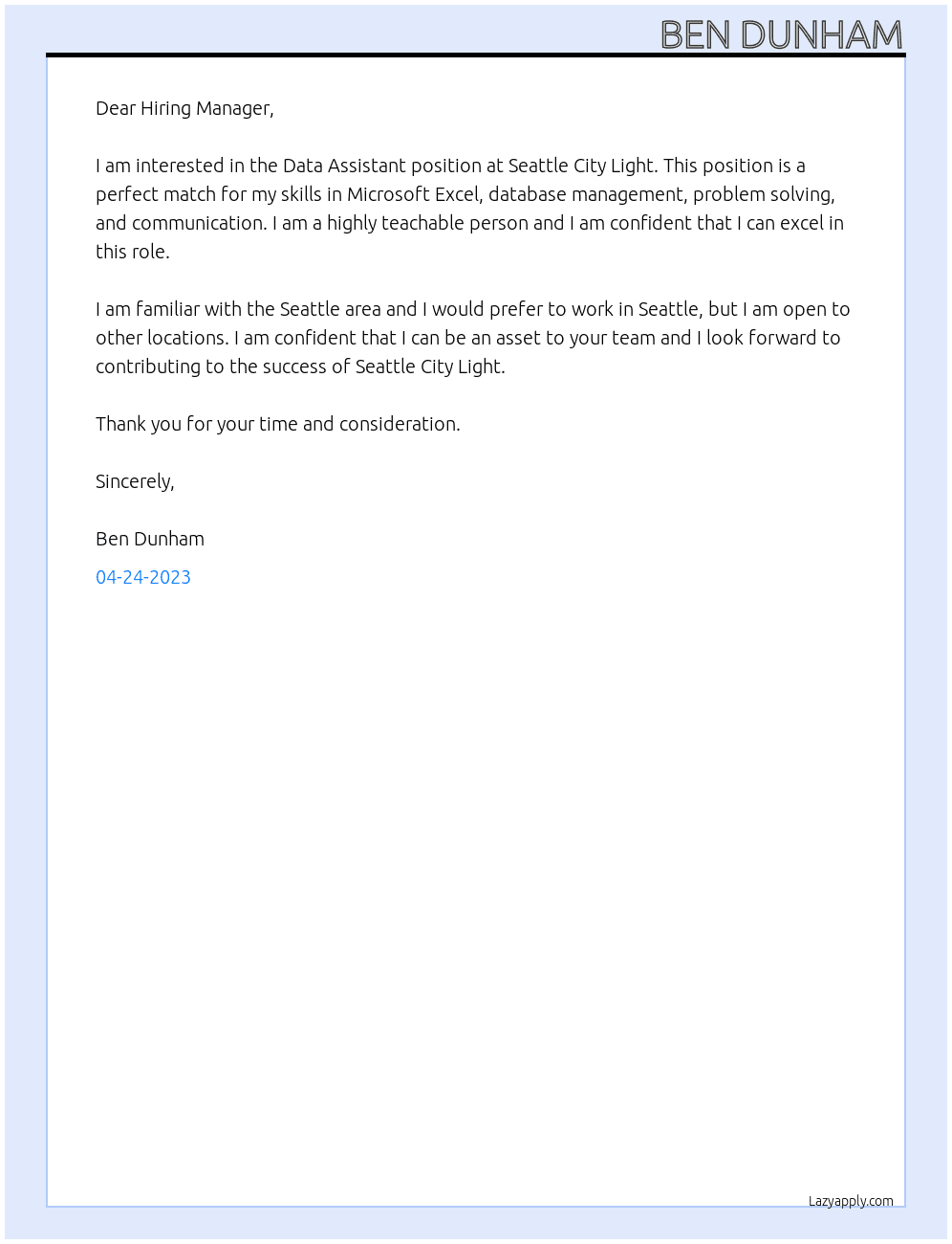 Create Our Energy Future Data Assistant At Seattle City Light Cover Letter