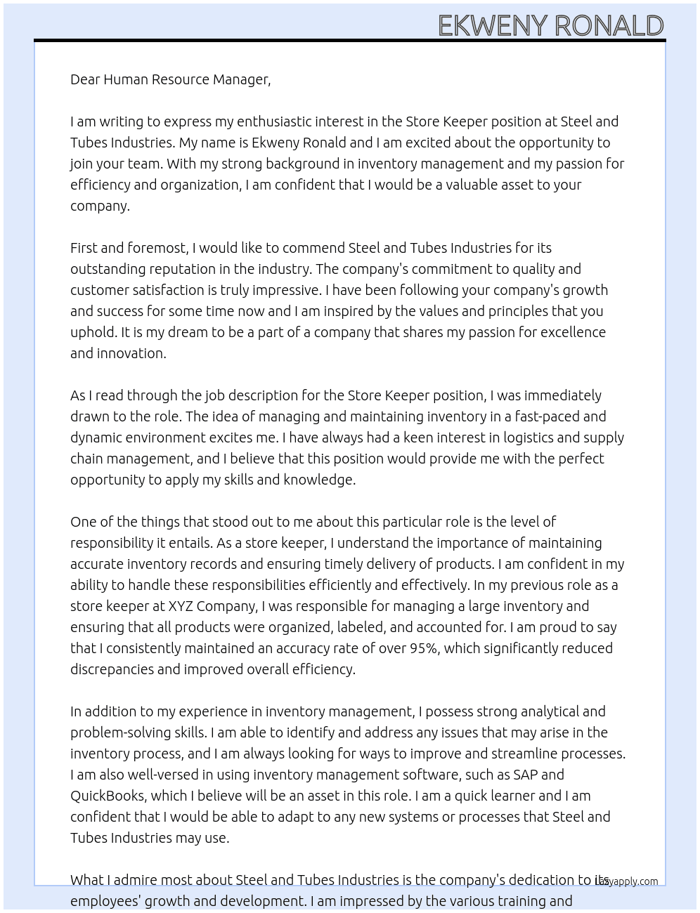 Store keeper At Steel and tubes industries Cover Letter