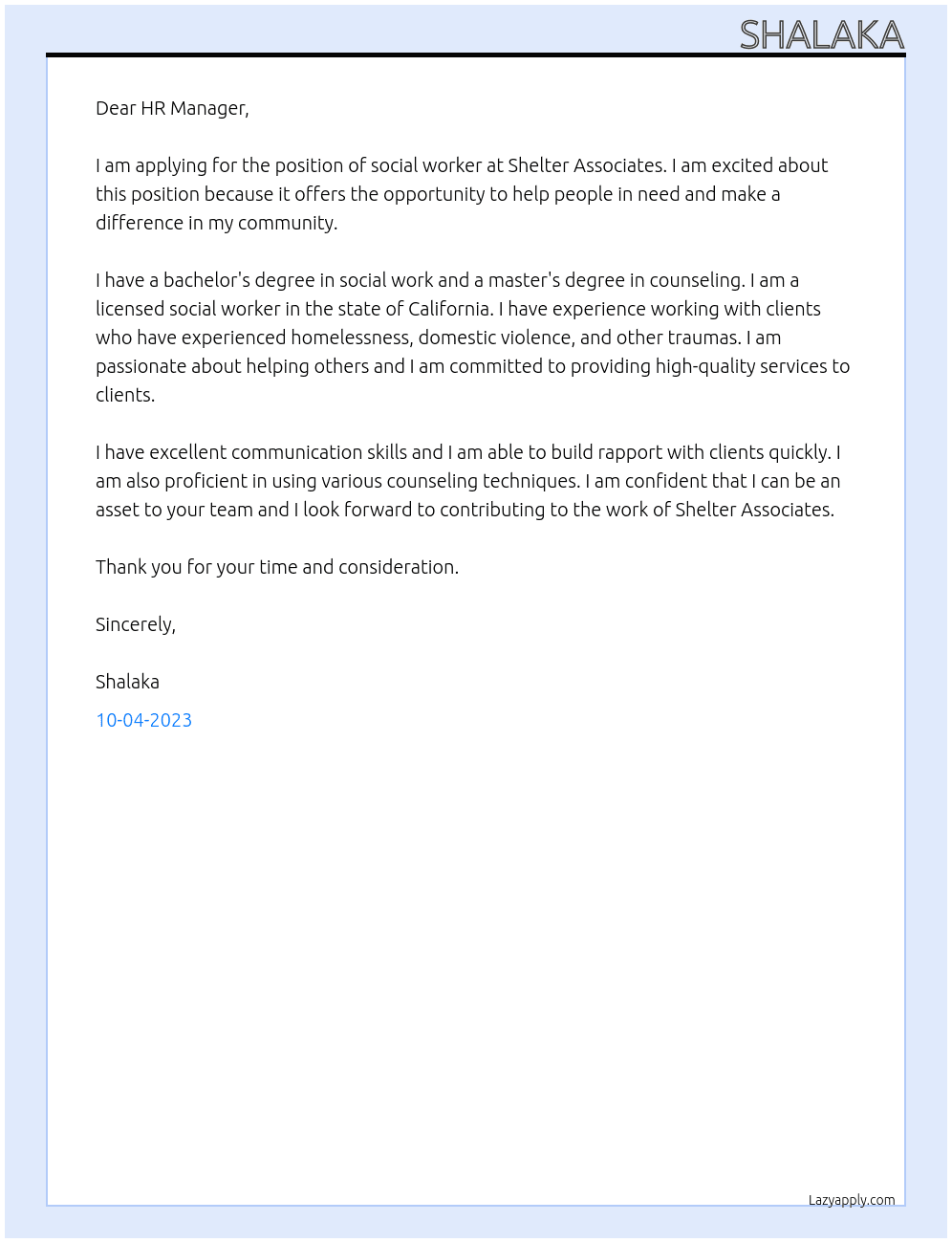 social worker At Shelter Associate Cover Letter