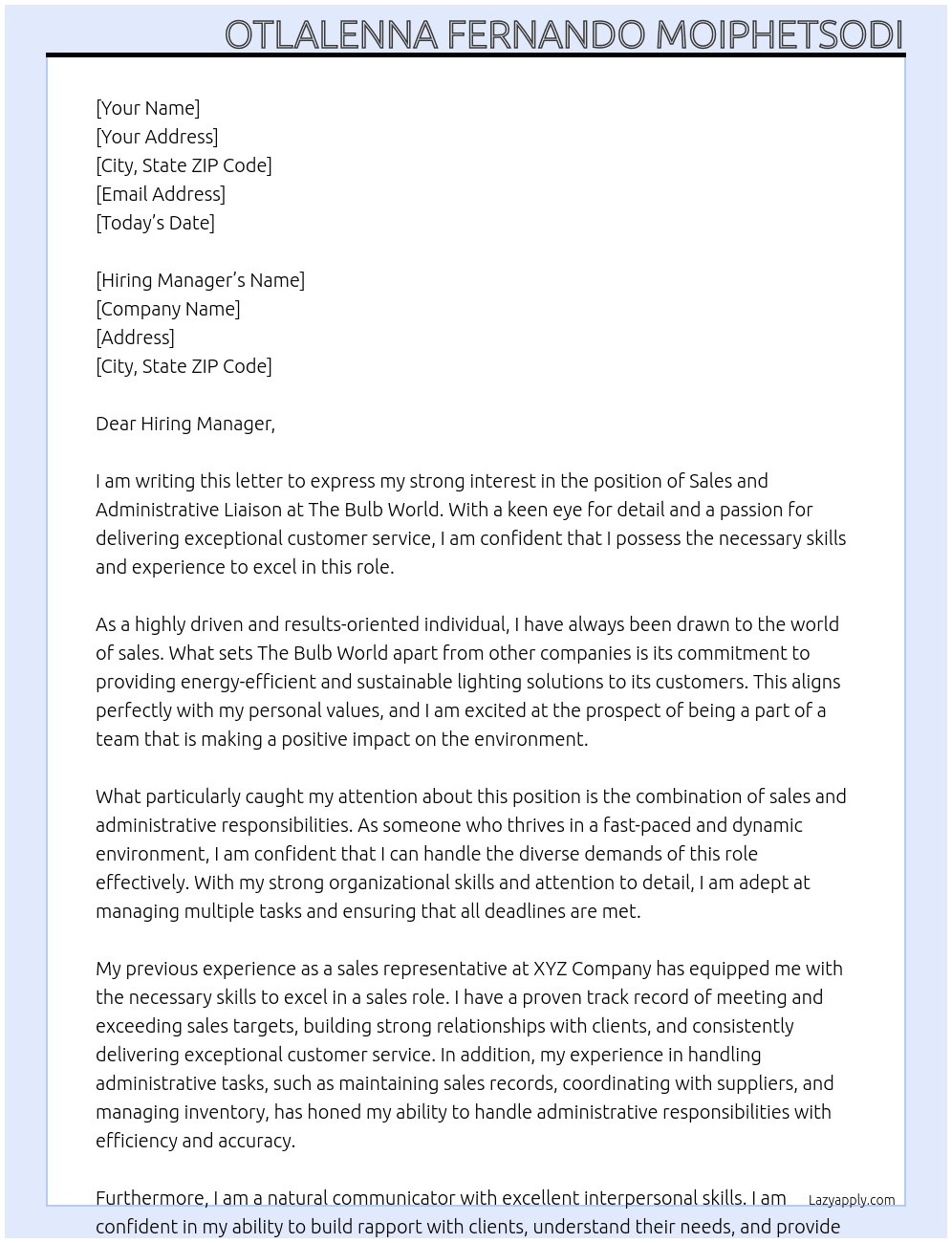 sales and administrative liason At The bulb world Cover Letter