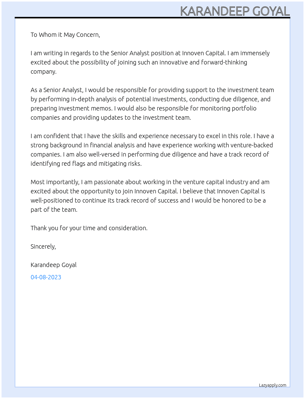 Senior Analyst At Innoven Capital Cover Letter