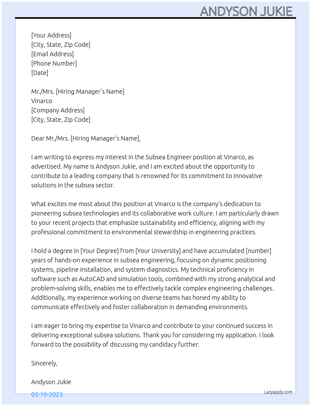 Subsea engineers  At Vinarco Cover Letter