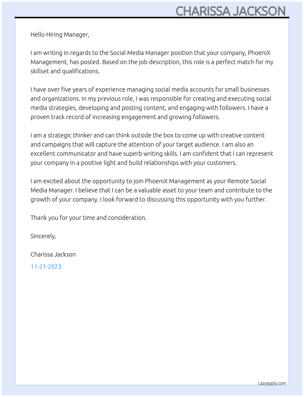 Remote Social Media Manager At PhoeniX Management Cover Letter