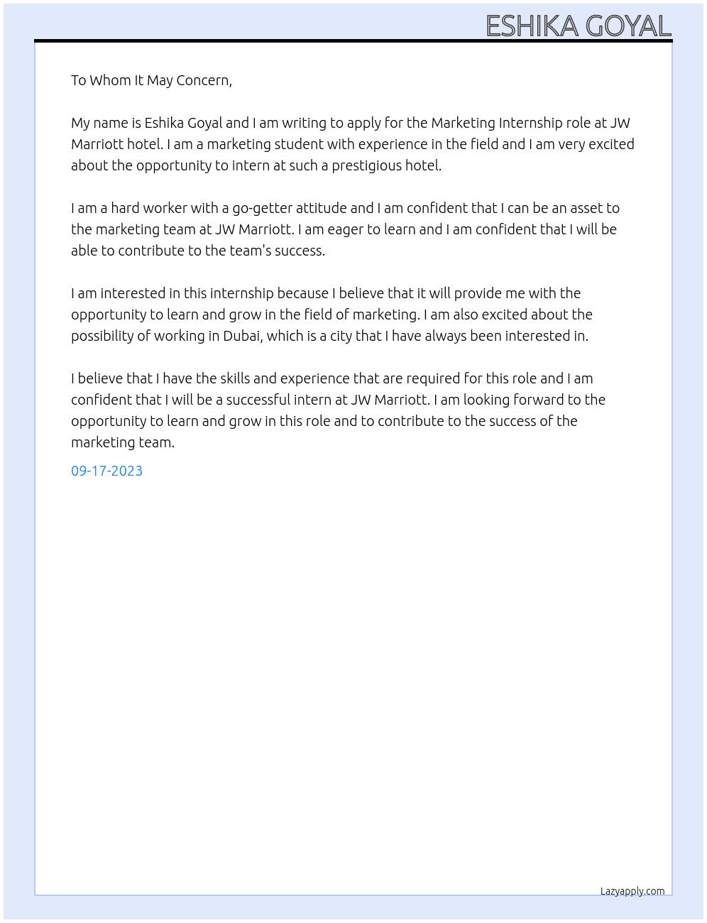 Marketing  At JW Mariott hotel Cover Letter
