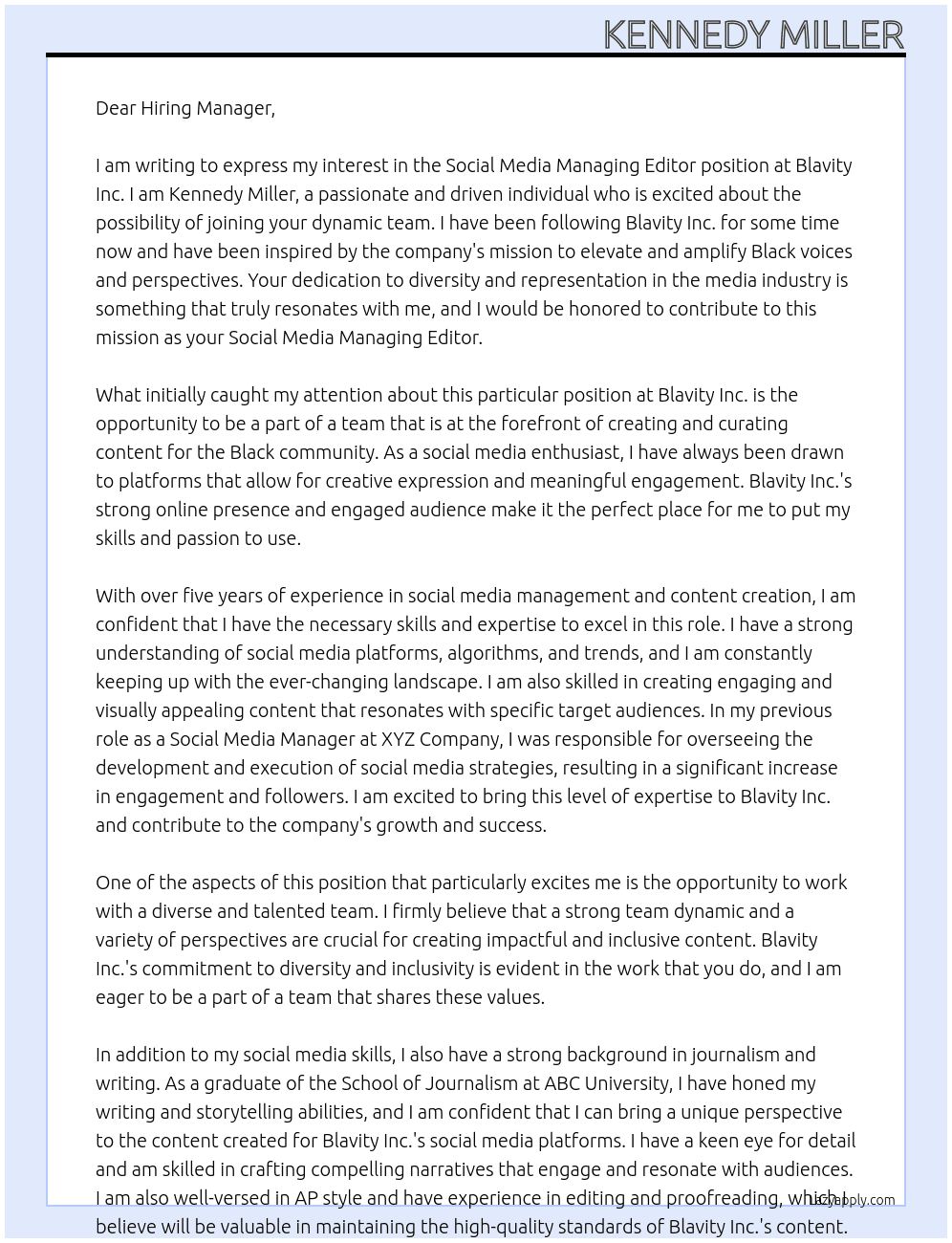 Social Media Managing Editor At Blavity Inc. Cover Letter
