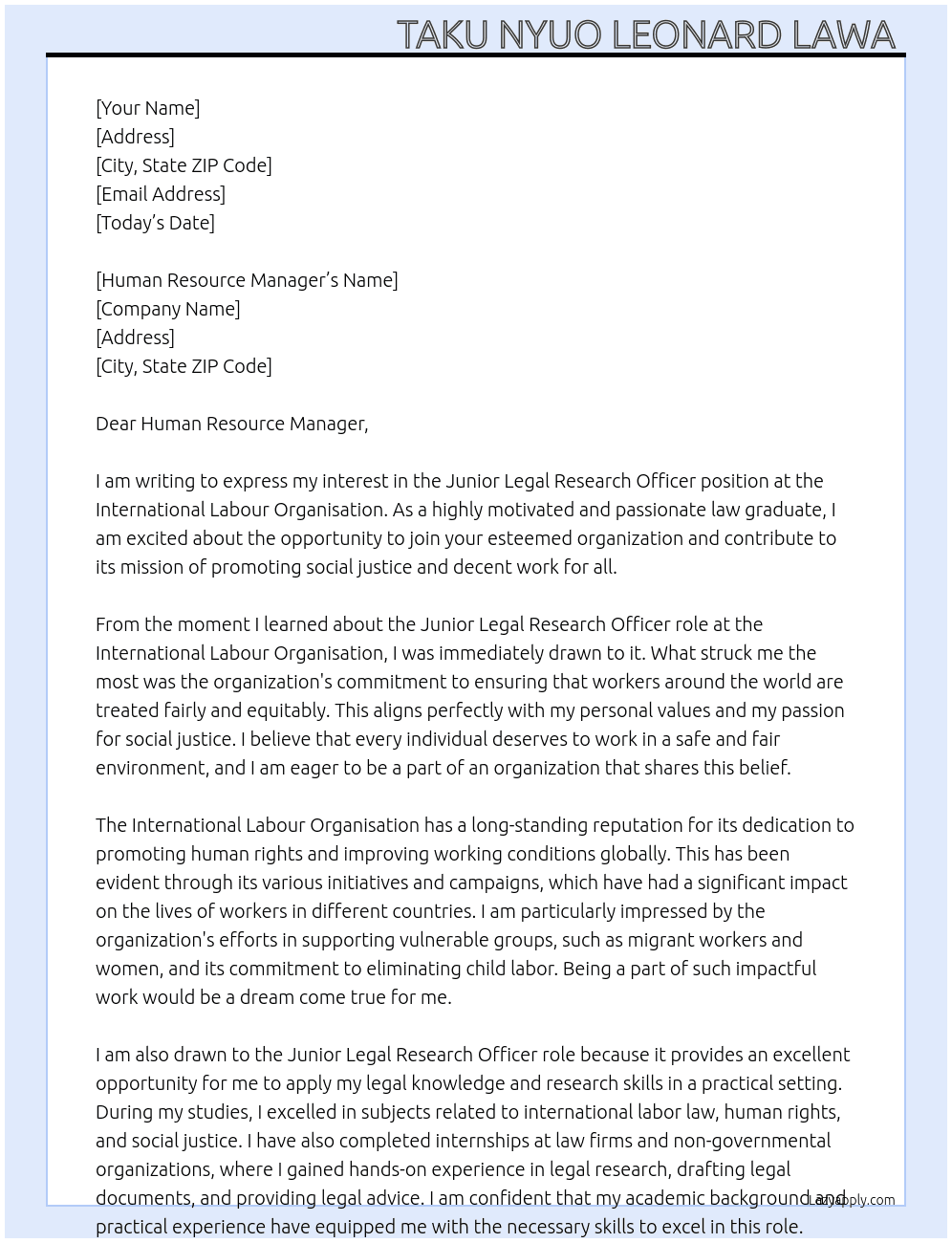 Junior Legal Research Officer At International Labour Organisation Cover Letter