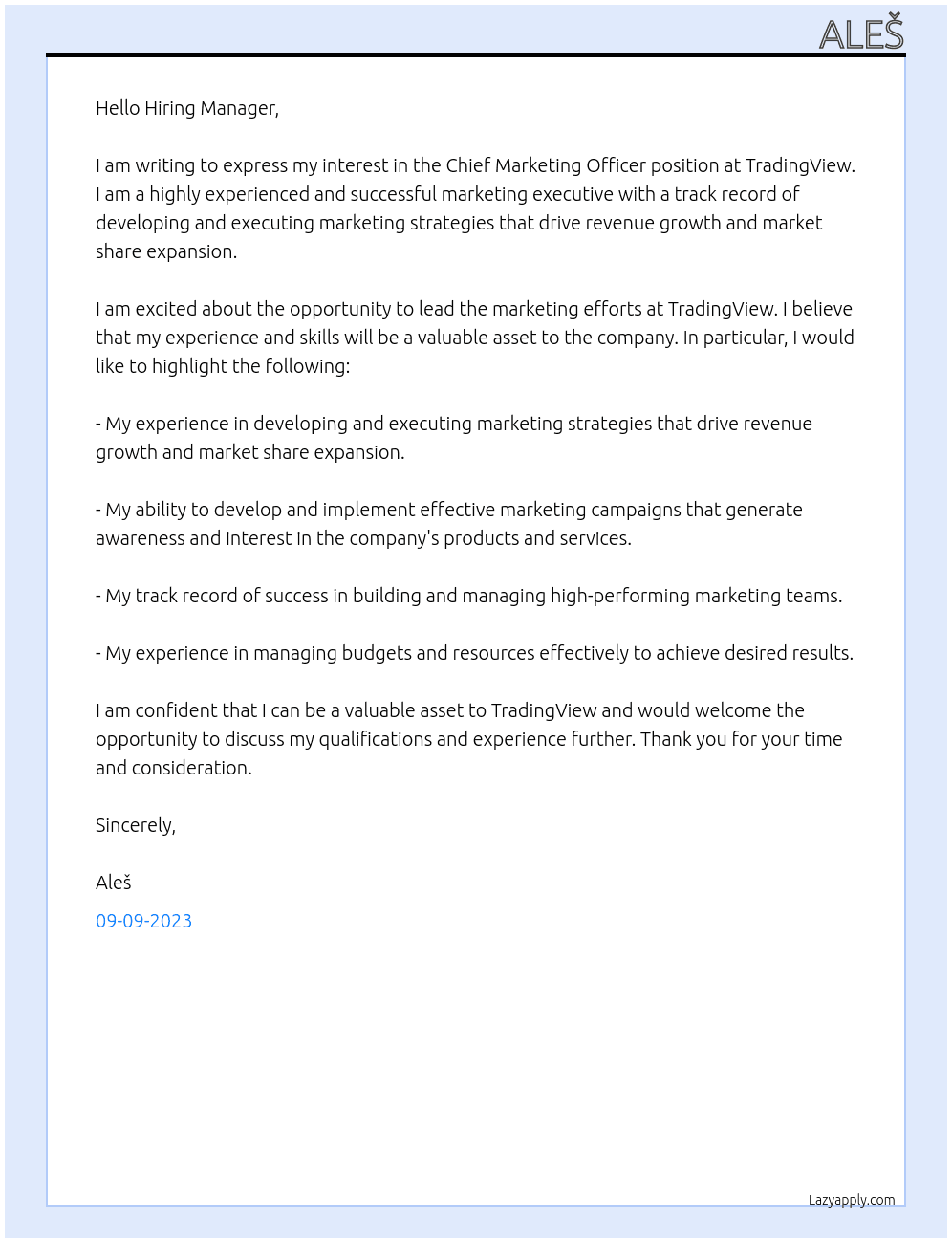 Chief Marketing Officer At TradingView Cover Letter