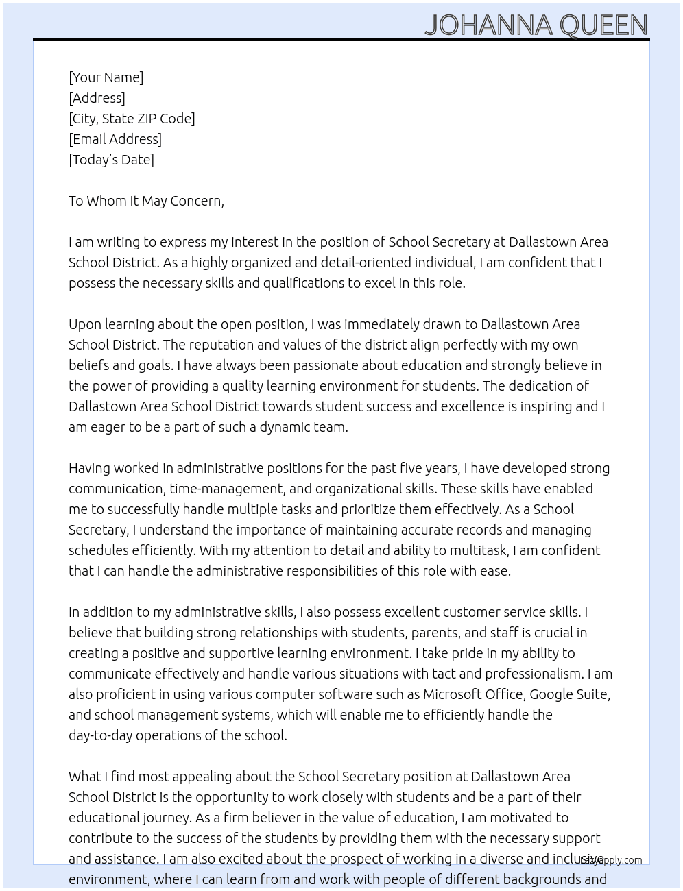 School Secretary At Dallastown Area School District Cover Letter