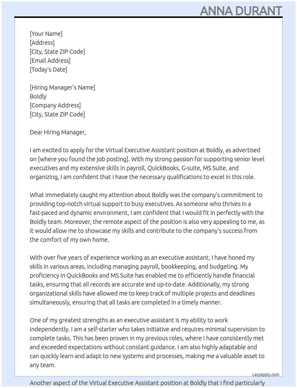 virtual executive assistant At Boldly Cover Letter