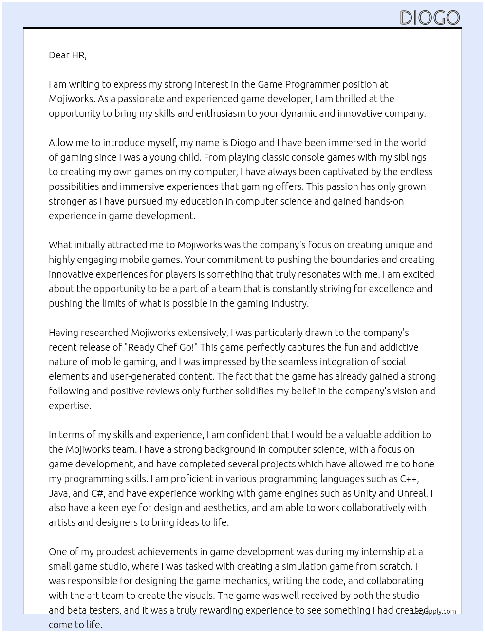 Game Programmer At Mojiworks Cover Letter